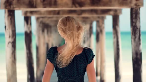Tourist On Greek Island. Woman Harmony Mediterranean Sea Beach. Cinematic Inspiration Travel Holiday