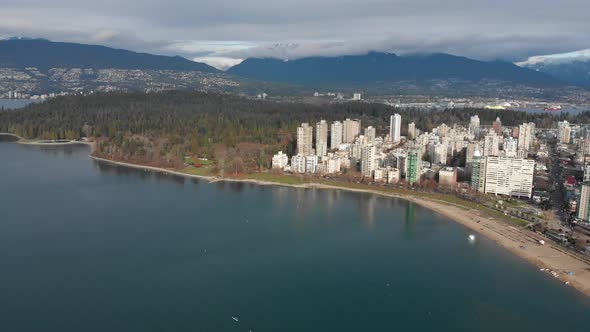Various drone shots at English Bay near downtown Vancouver, BC during Polar Bear 2019 event