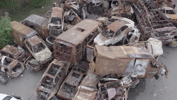 War in Ukraine a Dump of Burned Cars in Irpin Bucha District