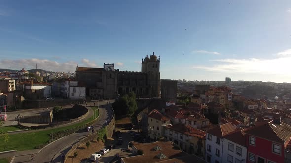 Fly Above Historic City Center of Porto, Portugal