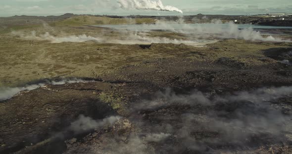 Aerial View of Gunnuhver Hot Springs and Geothermal Power Plants in Iceland