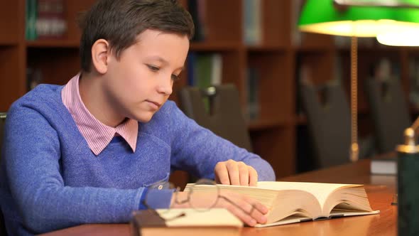 Portrait of Schoolboy Doing Their Homework in Library or Room