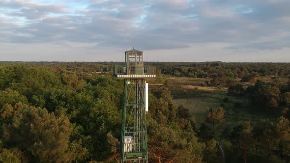 Observation tower of forestry area, push out aerial view