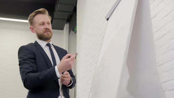 Bearded Businessman Standing Near a Flip Chart and Explaining the Company Structure