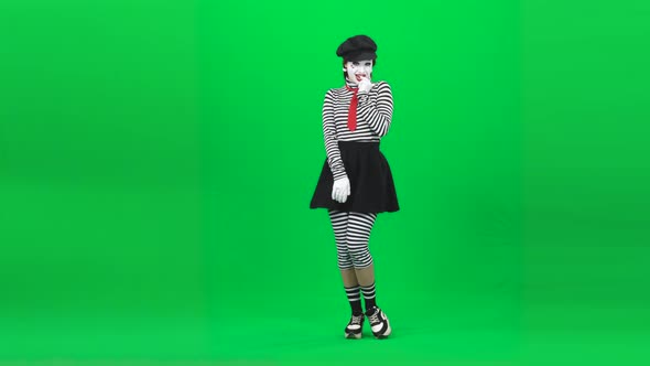 Mime Girl Looking Shy, Smiling, Flirting. Chroma Key. Full Length.