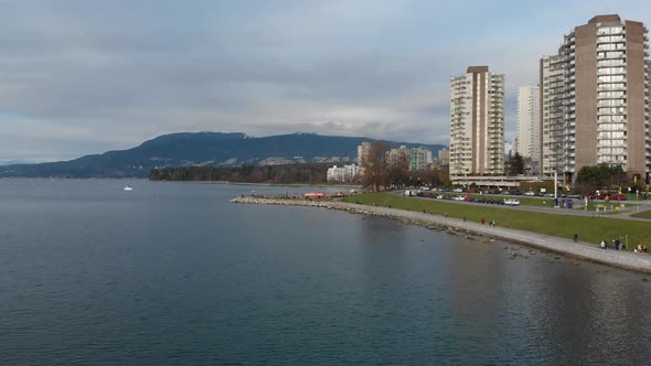 Various drone shots at English Bay near downtown Vancouver, BC during Polar Bear 2019 event