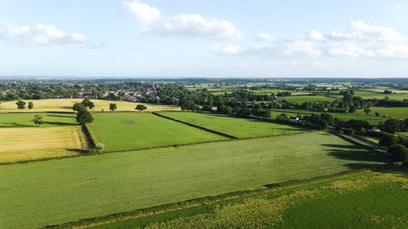 Ariel landscape of green and yellow countryside fields with trees and cattle. Kenilworth town in bac