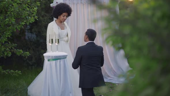 Wide Shot Portrait of Slim Excited African American Bride Looking at Affectionate Loving Groom