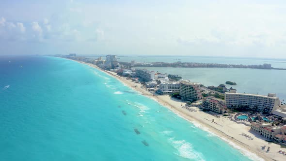 Aerial View of Cancun Mexico Showing Luxury Resorts and Blue Turquoise Beach