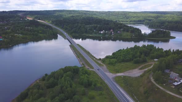 A large green forest with a bridge