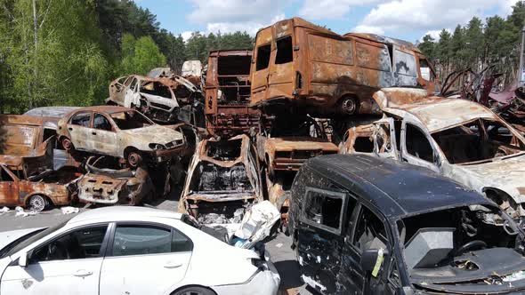 War in Ukraine a Dump of Shot and Burned Cars in the City of Irpen Near Kyiv