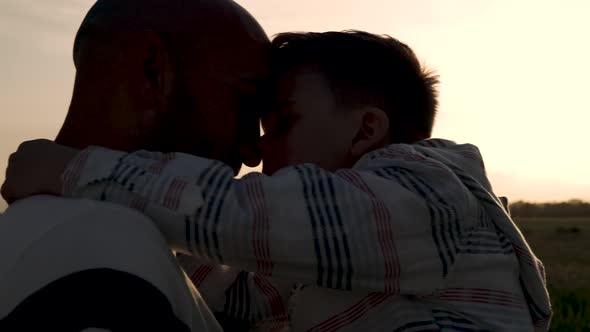 Silhouette father and son having tender moment outdoor in summer sunset