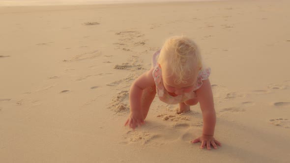 Cute Funny Small Baby Caucasian Baby Little Daughter Newborn Toddler Infant Crawling on All Fours