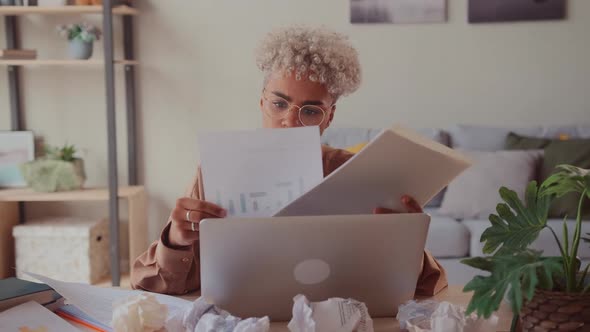African Woman Throwing Up Paper Account Documents Feeling Deadline Stress