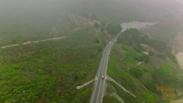 Drone Fly over Cabrillo Highway, CA. Aerial view of McNee Ranch State Park