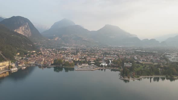Aerial View of Picturesque Riva Del Garda City, Lakefront of Lago Di Garda Italy on Summer Morning,