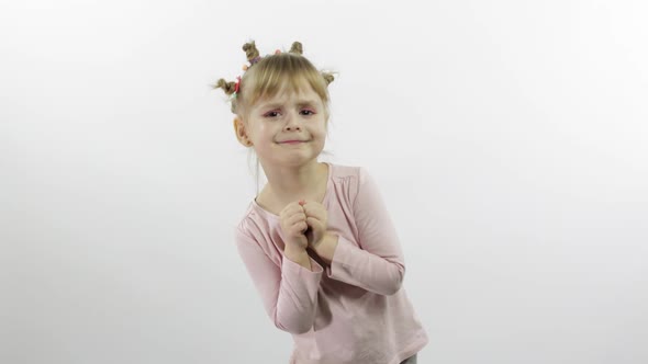 Positive Girl in Pink Blouse Dancing. Happy Four Little Child. White Background