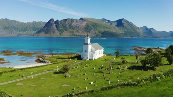 Flying Around Gimsoy Church in Gimsoysand Village Lofoten Islands Norway