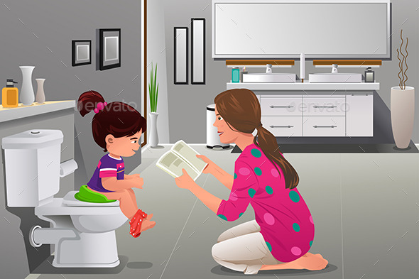Girl Doing Potty Training with Her Mother Watching