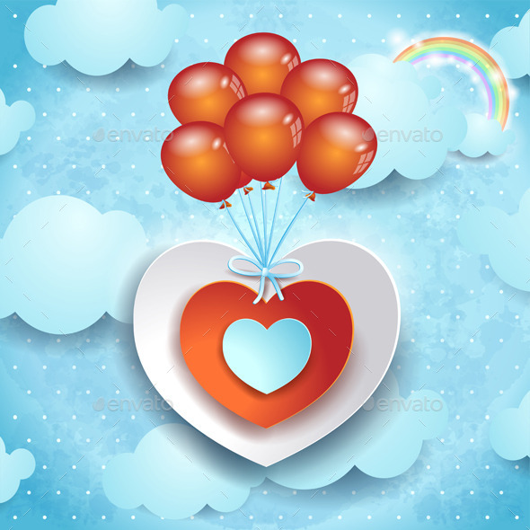 Valentine Illustration with Hearts and Balloons