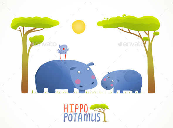 Fun Cartoon Mother and Child African Hippopotamus