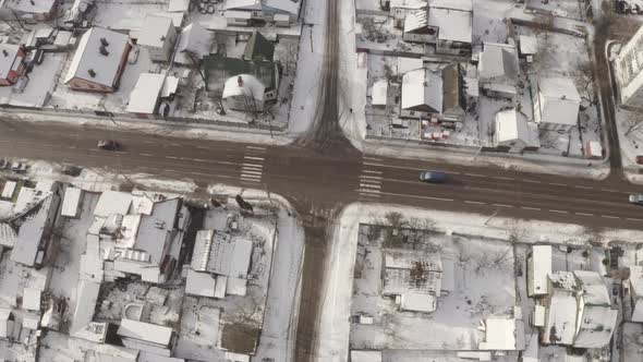 Aerial View Crossroad Road Winter