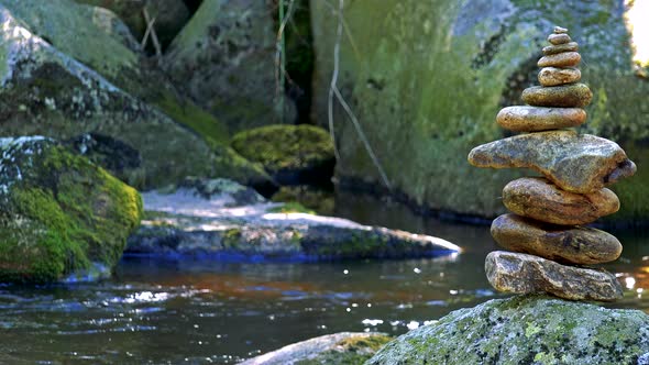 River in the Forest with Stones - Tower of Stones
