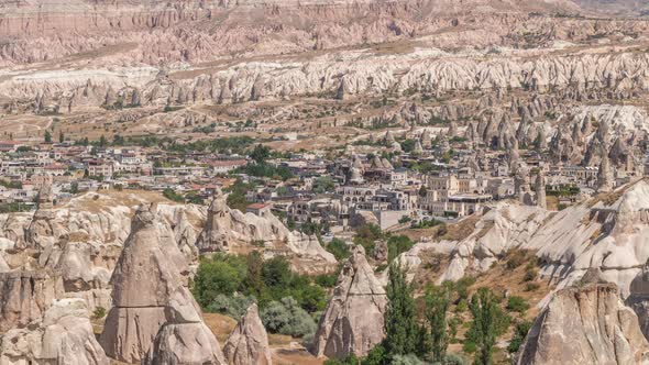 Red Valley and Rose Valley of Goreme of Nevsehir in Cappadocia Aerial Timelapse Turkey