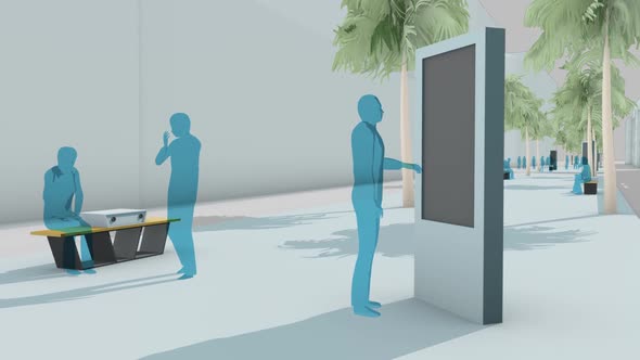 3D animation with stylized persons in front o video display and seated on bench