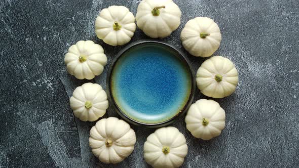 Cute White Baby Boo Mini Pumpkins Placed in Circle with Blue Ceramic Bowl in the Middle