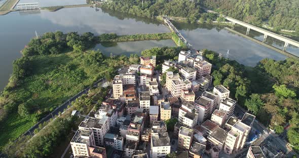 Aerial footage of sunrise urban village landscape  in Shenzhen city,China