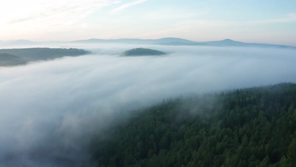 Aerial Drone Footage of Morning Haze Over Forest in a Valley in the Morning