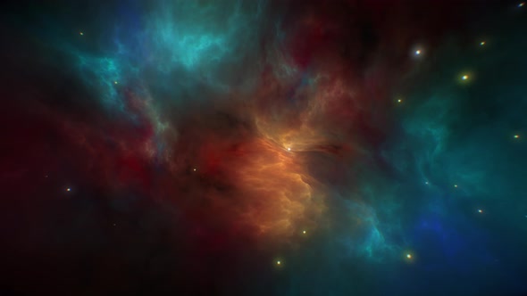 Space Flying Inside Colorful Nebula and Stars