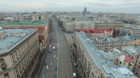 Aerial View of Traffic on Tverskaya Street Near the Moscow Kremlin