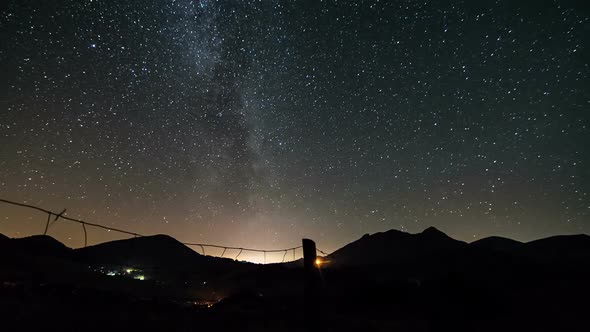 Milky Way Stars in Starry Night Sky over Rural Country and Fence in Summer Landscape Astronomy