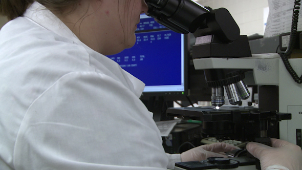 Female Lab Technician Looks Through Microscope (1 Of 3)