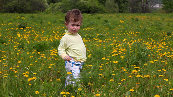Baby With Dandelions On Green Spring Lawn
