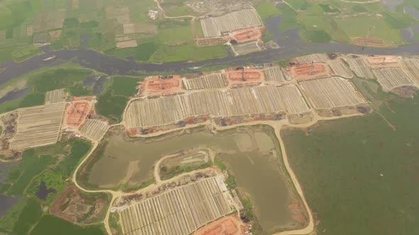 Aerial view of many brick factories, Dhaka province, Bangladesh.