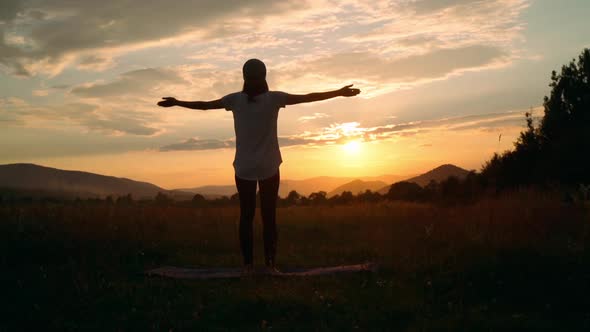 Back View Female Doing Yoga Countryside Nature