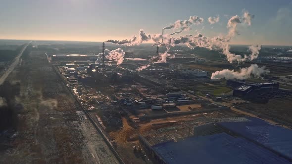 Aerial photography from drone of pipes of factories and factories