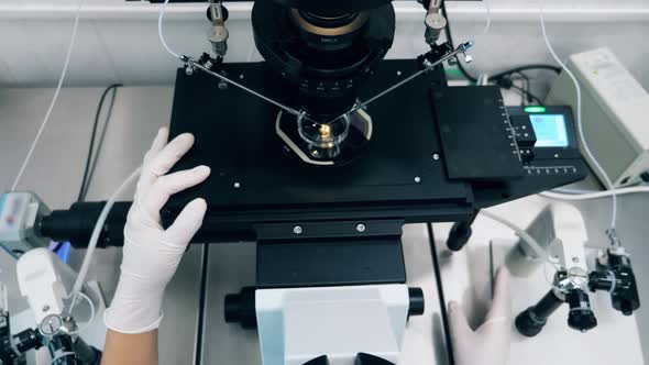 Lab Worker Is Regulating a Microscope During Research