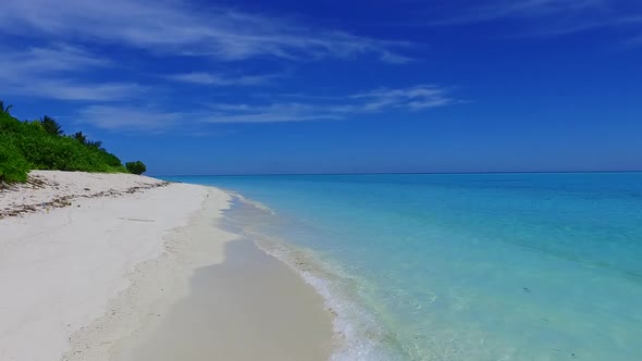 Romantic panorama of exotic coastline beach break by blue sea with sand background near waves