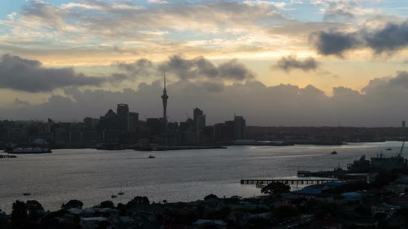 Sunset Time Lapse - Auckland Sky Tower and Harbour in Auckland