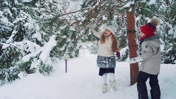 Happy children playing in the winter park. Christmas Holidays. Slow motion. alt