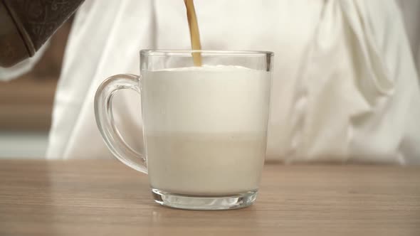 Mug with Cappuccino Coffee at Home in the Kitchen Closeup