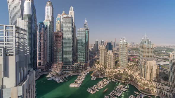 Aerial Top View of Dubai Marina Evening Timelapse