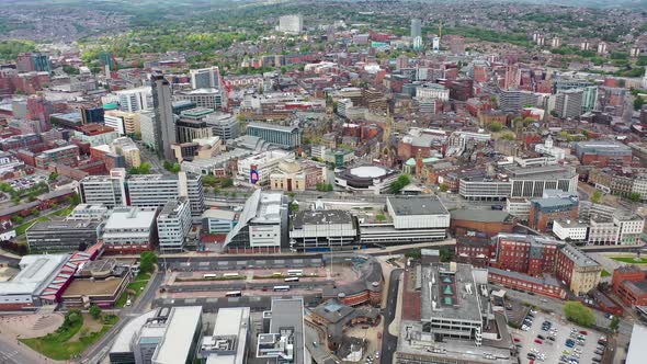 Aerial footage of the city centre of Sheffield in South Yorkshire in the UK