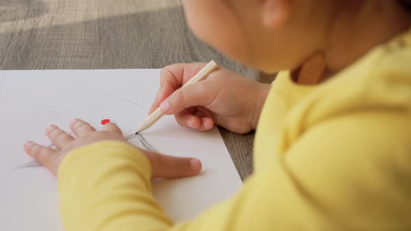 Little Girl Drawing with Coloring Pencils at Home