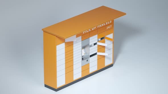 Loopable timelapse animation of the parcel locker. Doors open and close rapidly.