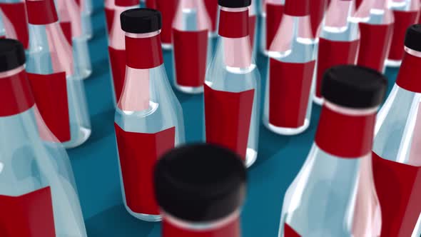 A Lot Of Red Empty Ketchup Bottles In Blue Background 4k